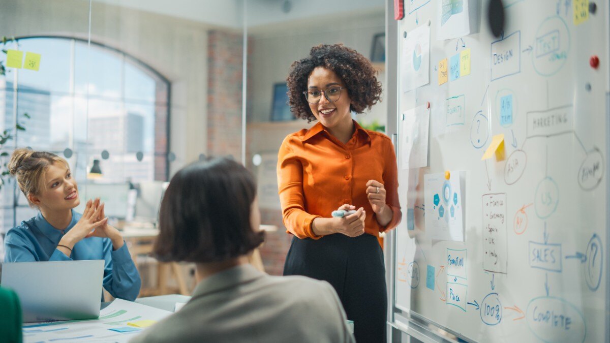 Black woman wearing an orange shirt standing in front of whiteboard brainstorming